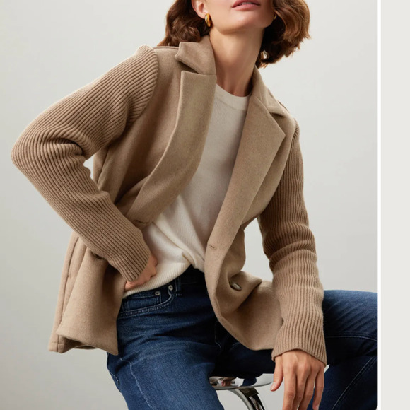 Splendid Camel Double Breasted Sweater Jacket LARGE Felted Boxy Coat Wool $178 - Picture 3 of 12